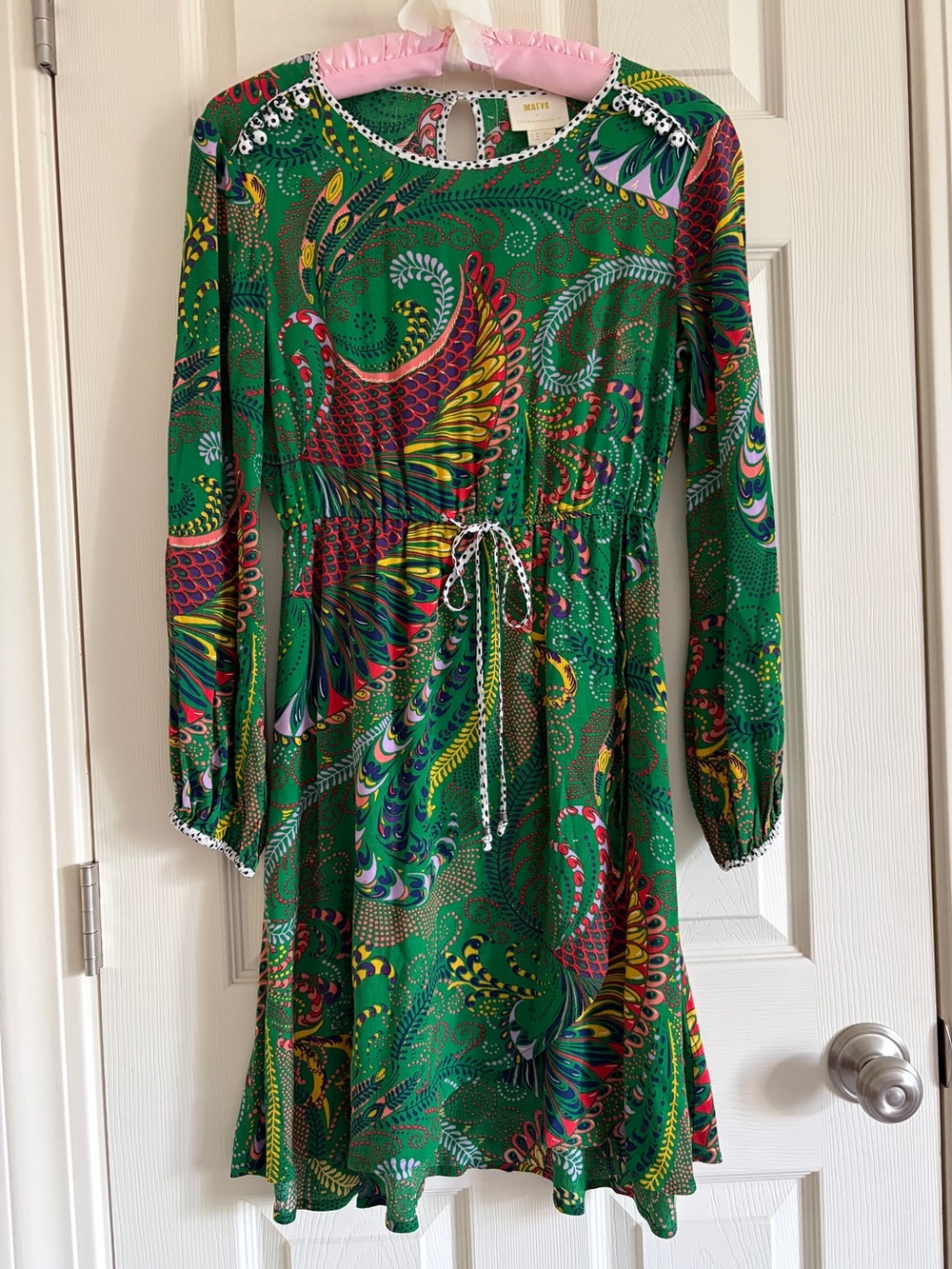 Maeve by Anthropology Green Printed Long-Sleeve Drawstring Waist Dress Size 2P